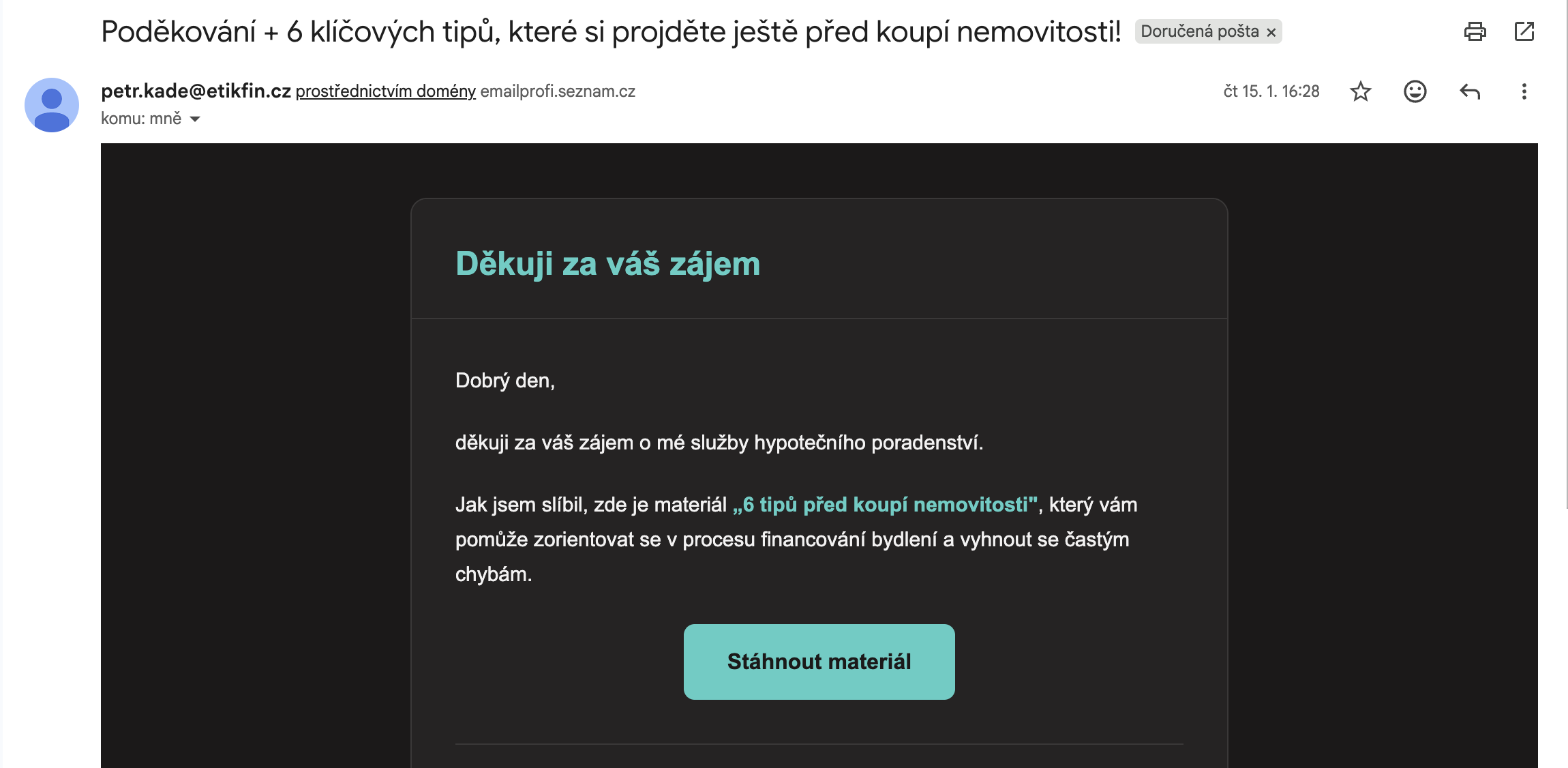 Automatický e-mail odeslaný systémem po vyplnění formuláře